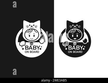 Baby on board sign logo icon. Child safety sticker warning emblem. Cute Baby safety design illustration,Funny small smiling boy and girl wearing cat s Stock Vector