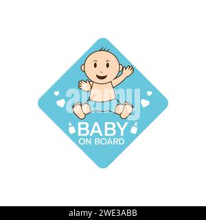 Baby on board sign logo icon. Child safety sticker warning emblem. Cute Baby safety design illustration,Funny small smiling boy or girl. The sticker o Stock Vector