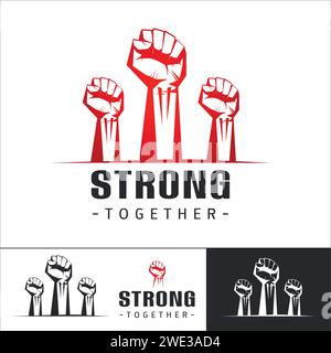 Clenched fists raised in protest. Set of Logo template Three human hands raised in the air. Vector illustration isolated on white background. Stock Vector