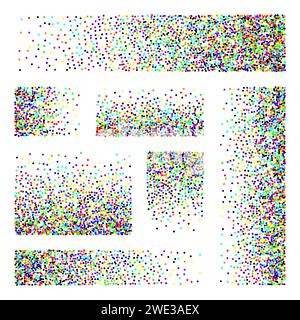 Stipple pattern, dotted rectangular design elements. Stippling, dotwork drawing, shading using dots. Pixel disintegration, random halftone effect Stock Vector