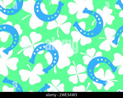 Seamless pattern with white silhouettes of clovers and horseshoes for St. Patrick's Day. Irish holiday symbols: a horseshoe for good luck. Wallpaper, Stock Vector