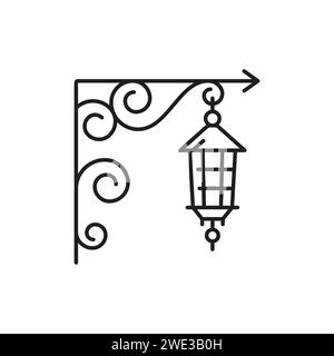 Vintage street lamp or candle chandelier light line icon, vector interior or outdoor illumination. Retro forged ornate hanging lamp with grate sconce for home interior or antique electric illumination Stock Vector