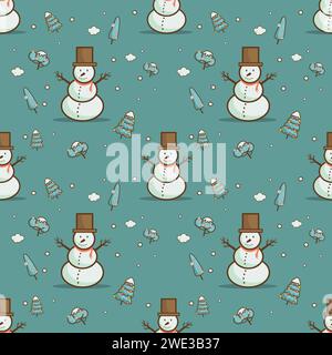 Christmas seamless pattern with cute snowman and Christmas tree for the packaging of gift boxes vector illustration Stock Vector