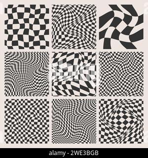 Trendy checkered pattern, black and white distorted tiled grid. Wavy curved backdrop, distortion effect. Funky geometric chessboard texture, retro Stock Vector