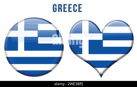 Greek flag in rounded and heart shape buttons, vector illustration Stock Vector