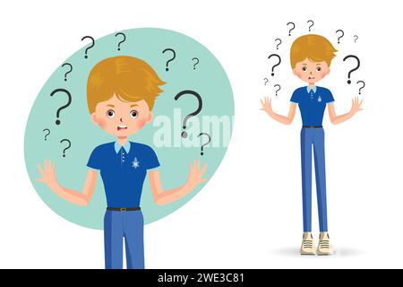 boy spread out her hands in misunderstanding, isolated on white background  vector illustration. Sad young woman with open hands gesture. A charming a Stock Vector