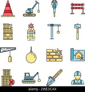 City demolition work icons set. Outline set of city demolition work vector icons thin line color flat on white Stock Vector
