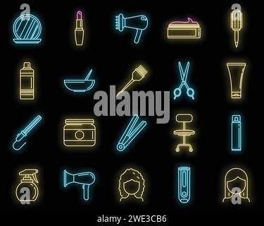 Hair stylist icons set. Outline set of hair stylist vector icons neon color on black Stock Vector