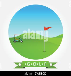 Background of golf field beautiful landscape,Golf hole banner vector green tree background illustration with golf cart flag and trees Stock Vector