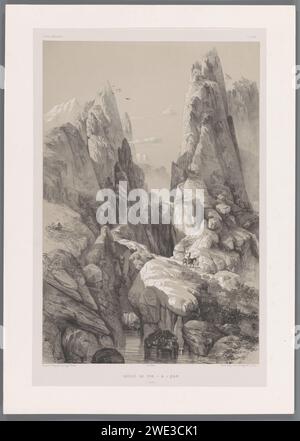 Ravijn van de Berg Kuh -e Pir Zan in Iran, Eugène Flandin, 1843 - 1854 print A mountain path winds over a bridge that spans the canyon. Some riders on the path. A river flows at the bottom of the canyon. Above the image the series title, at the top right the plate number 'Pl. XCVI'. Paris paper.  ravine, chasm, abyss, canyon (+ landscape with figures, staffage). mountain-range, snow peaks (+ landscape with figures, staffage) Fars Stock Photo