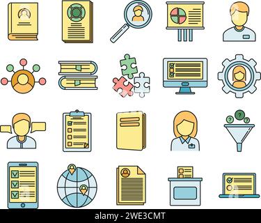 Sociology school icons set. Outline set of sociology school vector icons thin line color flat on white Stock Vector