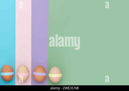 Row of different colored decorated eggs on fun green background. Copy space simple pastel geometric minimalist background for traditional Easter holid Stock Photo