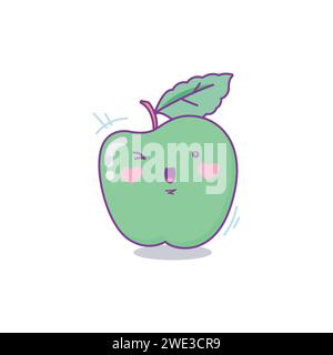 Green apple character cute cartoon kawaii style on white background vector illustration Stock Vector