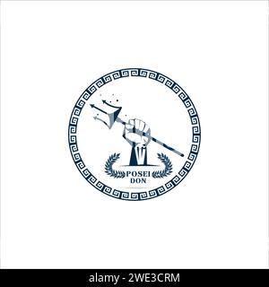 Logo template Fist hand holding  trident isolate with olive branch with thunder symbol of greek god Poseidon on white background Vector illustration Stock Vector