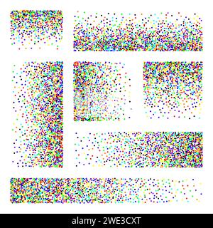 Stipple pattern, dotted rectangular design elements. Stippling, dotwork drawing, shading using dots. Pixel disintegration, random halftone effect Stock Vector