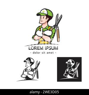 Gardening services logo Template, Garden cartoon mascot character holding scissors to cut bushes on white background vector illustration Stock Vector