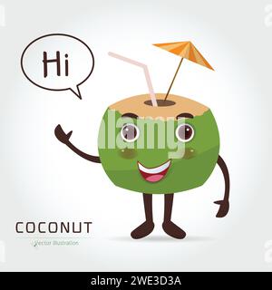 Fresh drinking coconut with a straw, cocktail umbrella ,Vector illustration on white background. food, vector flat style Stock Vector