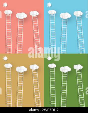 set of Illustration of a ladder reaching up to the clouds against  on pop up paper art style, on colorful color background Vector illustration Stock Vector