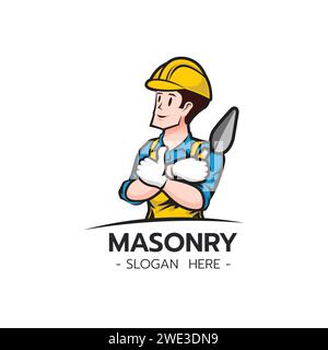 The Builder bricklayer logo icon isolated masonry cartoon  style male character on white background  vector illustration Stock Vector