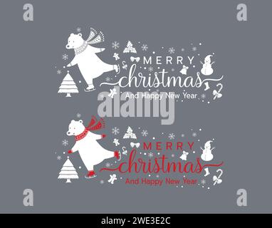 Cute Polar bear playing ice skates with Merry Christmas and New Year on holidays background with winter landscape with snowflakes, light, stars, bell Stock Vector