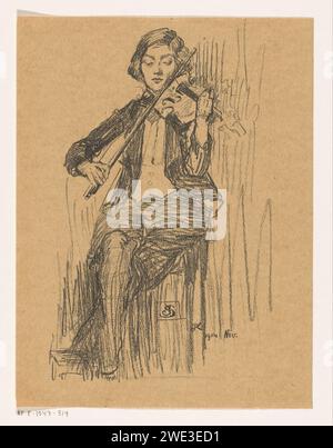 Violin player, Jo Koster, 1914 print A sitting man plays a violin.  paper  one person playing string instrument (bowed). violin, fiddle Stock Photo