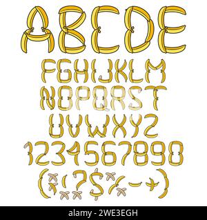 Alphabet, letters, numbers and signs from yellow bananas. Isolated vector objects on white background. Stock Vector