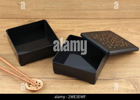 Empty Stack  Black Japanese Lunchbox with Chopstick Stock Photo
