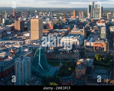 Aerial photograph of Indigo Hotel, National Football Museum at Urbis, Corn Exchange, Arndale House, Beetham Square & Deansgate Square, Manchester, UK Stock Photo