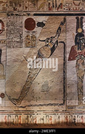 Luxor, Egypt - January 2, 2024: Colorful hieroglyphs on the wall in Tomb of Ramesses V and Ramesses VI, KV9, Valley of the Kings Stock Photo