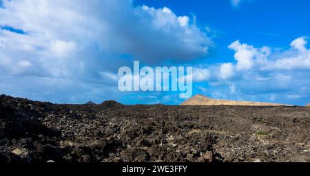 Spectacular view of the Fire Mountains at Timanfaya National Park, this unique area consisting entirely of volcanic soils. Volcanic landscape. Stock Photo