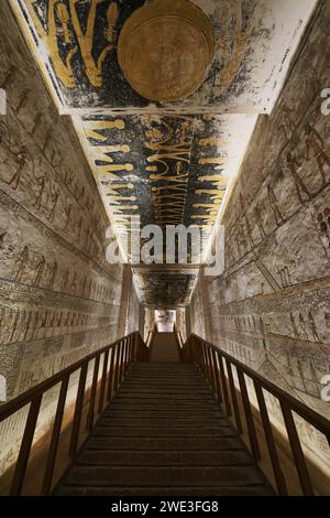 Luxor, Egypt - January 2, 2024: Colorful hieroglyphs on the ceiling in Tomb of Ramesses V and Ramesses VI, KV9, Valley of the Kings Stock Photo