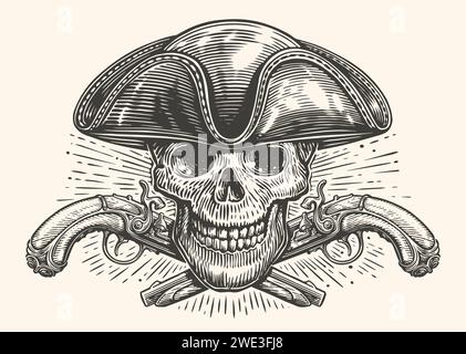 Pirate skeleton and vintage pistols. Skull head in cocked hat. Vector illustration engraving style Stock Vector