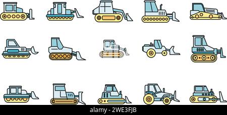 Construction bulldozer icons set. Outline set of construction bulldozer vector icons thin line color flat on white Stock Vector