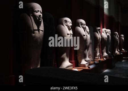 Cairo, Egypt - January 2, 2024: Various new kingdom period Egyptian stone sarcophaguses in Egyptian Museum Stock Photo