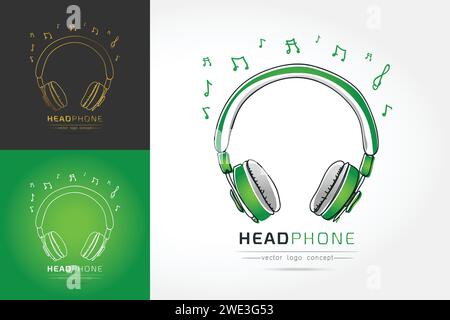 Modern linear thin flat design. The stylized image of Headphone. music festival logo Template for covers, logo, posters, invitations on white backgrou Stock Vector