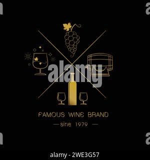 Set of wine labels. Elements for design on the wine theme. Collection of wine symbols: grape, bottle. Modern labels of wine. Emblems and logos of wine Stock Vector