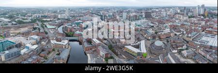 Panoramic aerial photograph of Leeds, Yorkshire, UK including the Corn Exchange, Kirkgate Market, Leeds station, River Aire and wider city centre Stock Photo
