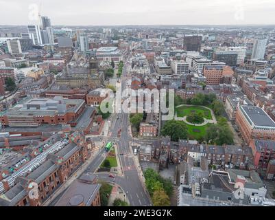 Aerial photograph looking up The Headrow in Leeds city centre, Yorkshire, UK looking at Park Square, Leeds Town Hall and the wider city centre Stock Photo