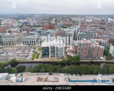 Aerial photograph of 1 Whitehall Riverside, the site of 2 Whitehall Riverside, Whitehall Quay, Wellington Place, River Aire in Leeds, Yorkshire, UK Stock Photo