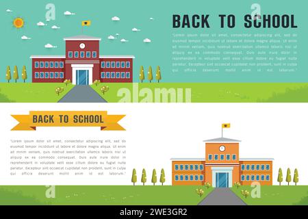 School building exterior vector illustration. Facade of school or colledge in city. Back to school concept. Stock Vector