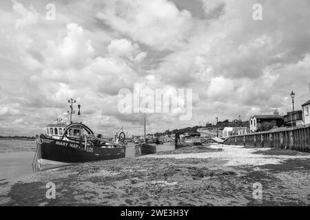 Black and white image of fishing boats at Old Leigh, Leigh-on-Sea, Essex, England, United Kingdom Stock Photo
