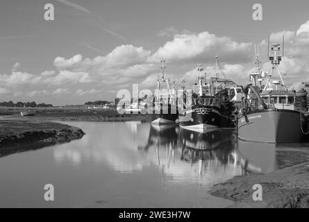 Black and white image of fishing boats at Old Leigh, Leigh-on-Sea, Essex, England, United Kingdom Stock Photo