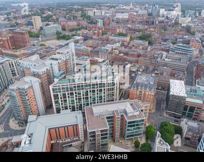 Aerial image of Central Square, Leeds Town Hall, West Point, Whitehall Quay and the wider Leeds city centre, Yorkshire, UK Stock Photo