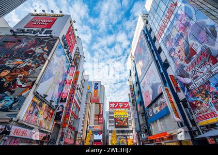 Colorful signs and billboards in Akihabara, Tokyo, Japan. Akihabara is a shopping district famous for its anime, manga, video game and computer shops. Stock Photo