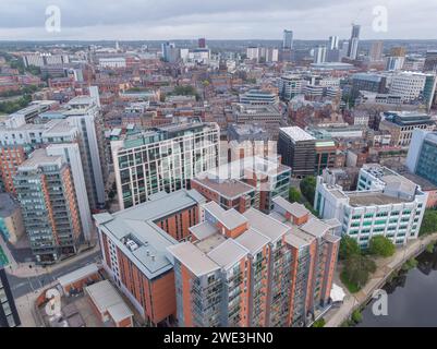 Aerial image of Bank House, West Point, Whitehall Quay, Leeds Town Hall over the River Aire in Leeds city centre, Yorkshire, UK Stock Photo