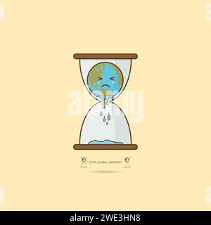 Stop global warming. cartoon character of Planet earth in hourglass limited time concept on blue background vector illustration. Stock Vector