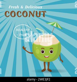 Fresh drinking coconut with a straw, cocktail umbrella ,Vector illustration on blue background. fruit, vector flat style Stock Vector