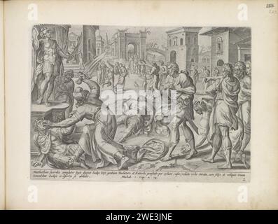 Mattatias kills a Jew and an envoy of the King, 1643 print Mattatias kills a Jew who, in accordance with the king's order, wanted to make a sacrifice on the altar in Modeïn and the king's envoy. In this way he showed his dedication to the law of God. Under the show a reference in Latin to the Bible text in 1 bubble. 2:14. This print is part of an album. Amsterdam paper engraving Mattathias kills a Jew, who wanted to offer sacrifices to pagan gods, and pulls down the altar in Modin (1 Maccabees 2:23-26) Stock Photo