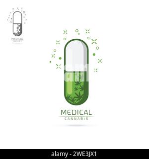 medical cannabis in green capsule emblems, label, logo set vector template Stock Vector
