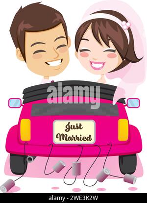 Back view of happy just married couple riding on pink car with cans attached enjoying wedding day Stock Photo